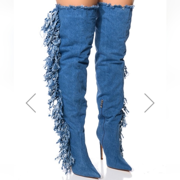 AZALEA WANG OVER THE KNEE FRINGE DENIM BOOT (9) 😍 - Picture 2 of 5